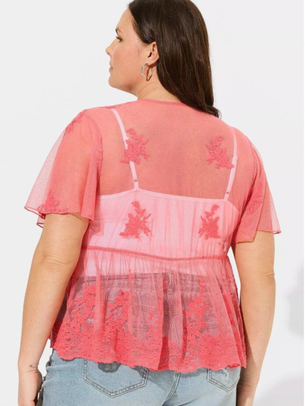 Torrid Embroidered Mesh Peplum Kimono Rouge Red 2 - Picture 2 of 13